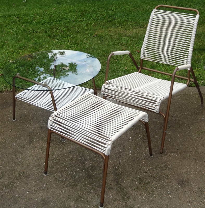 1950s 60s Mid Century Aimes Air Patio Chair Ottoman Glass Table