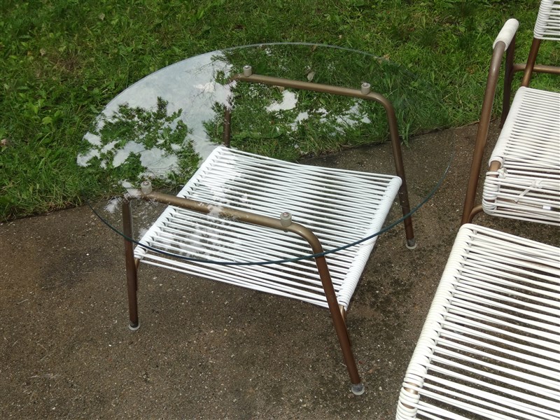 1950s 60s Mid Century Aimes Air Patio Chair Ottoman Glass Table